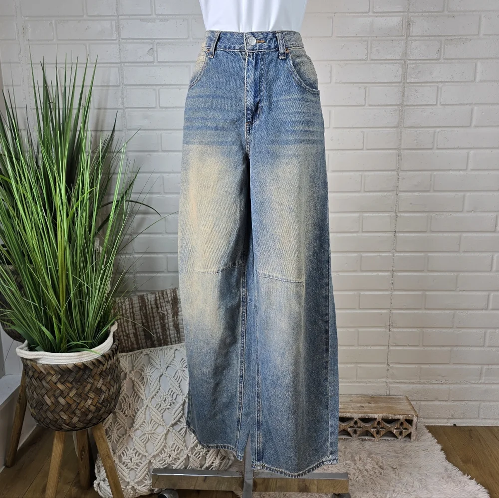 SONG Wide Leg High Rise Blue Muddy Wash Baggy Jeans Size 11 Or 30 - Picture 1 of 9